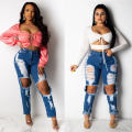 Fancy New Print Autumn Fall 2020 Womens Ripped Jeans Crop and Slit Pants